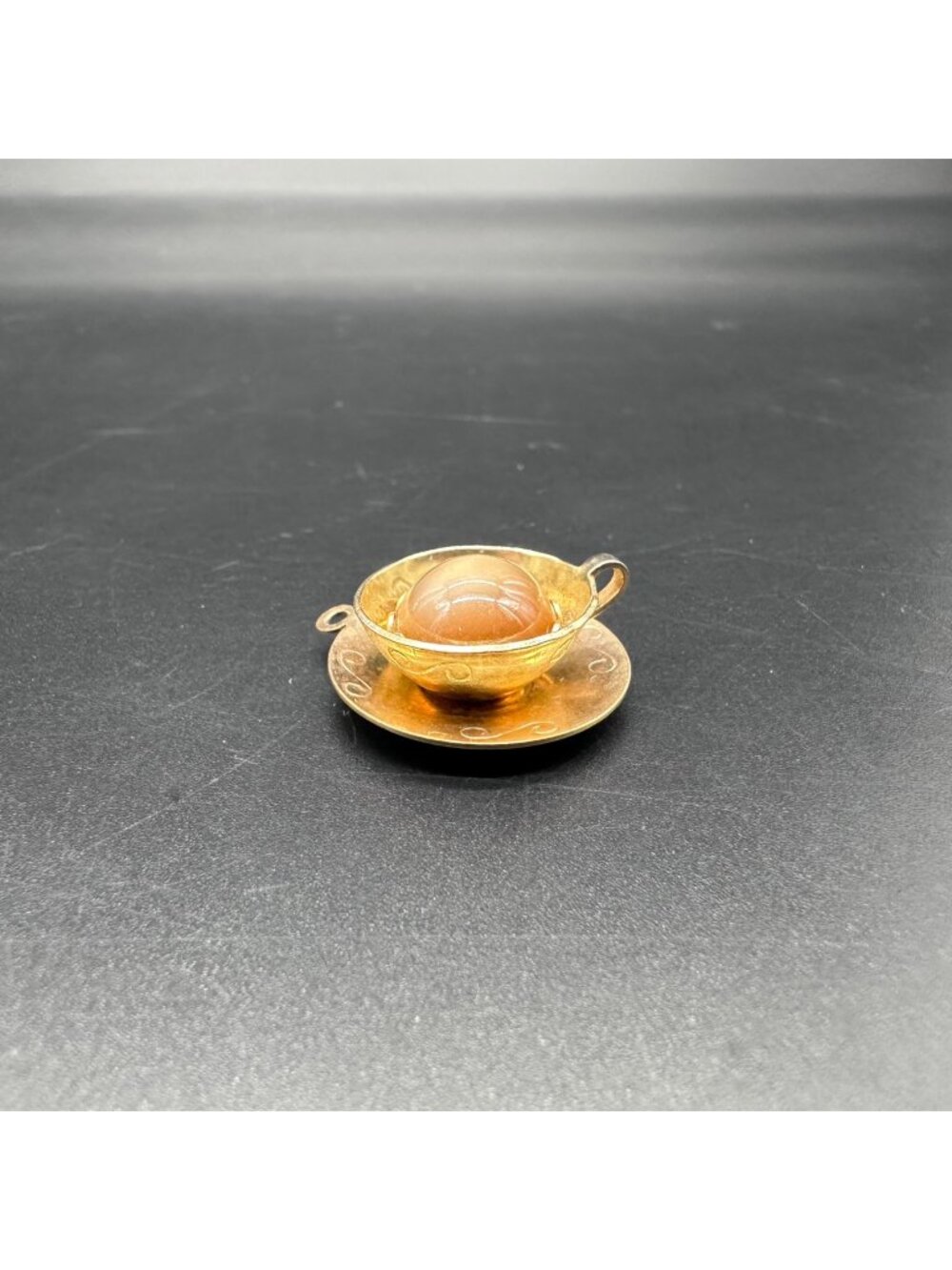 Vintage Coffee Cup Saucer Pendant Gold Tone Metal Miniature Kitschy Gift